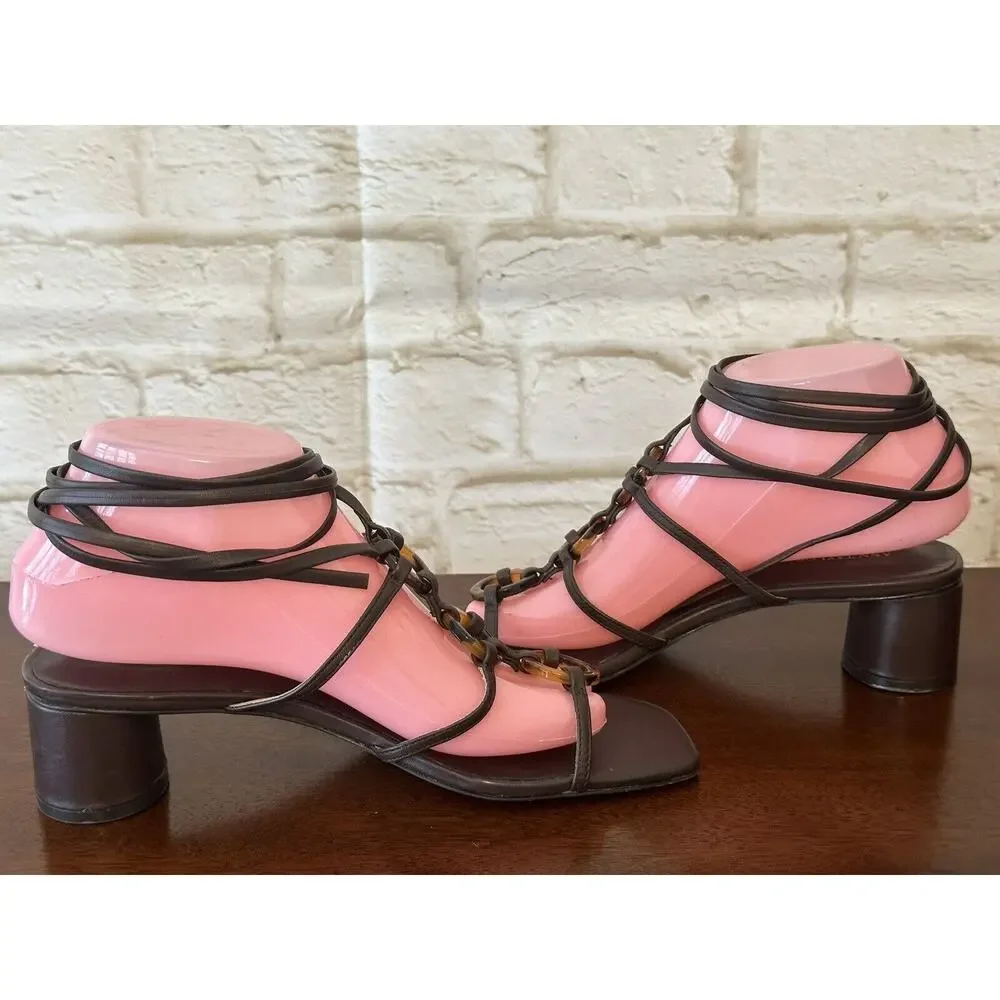 Ann Taylor Ruby Tortoiseshell Print Ring Leather Wrap Block Heel‎ Sandals 7.5M